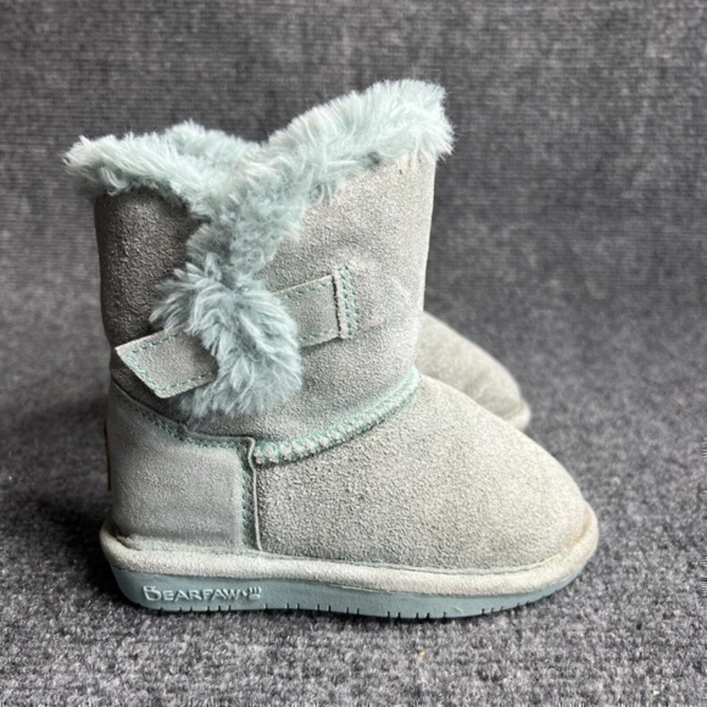 Bearpaw Boots Toddler 7 Mint Green Suede Leather Shearling Pull On Fur Trim